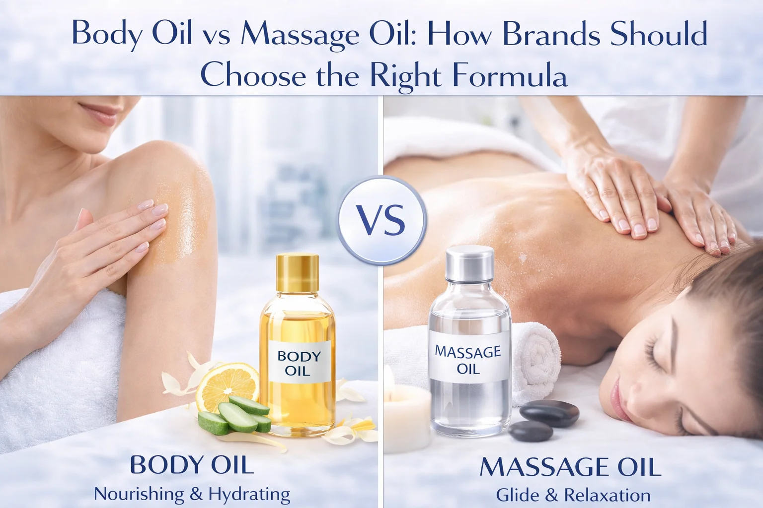 Split image comparing body oil on skin with massage oil during a massage, highlighting their uses and benefits.